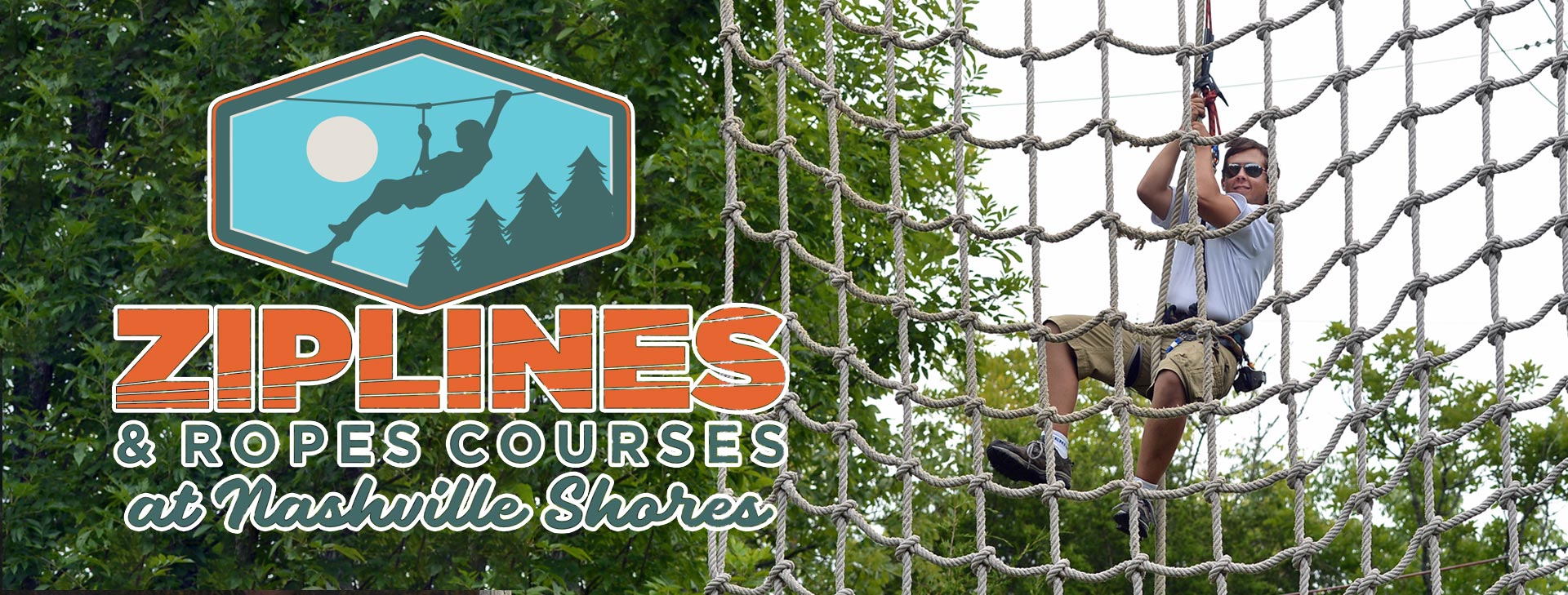 man-on-zipline Man speeding down zipline at the Ziplines & Ropes Courses at Nashville Shores